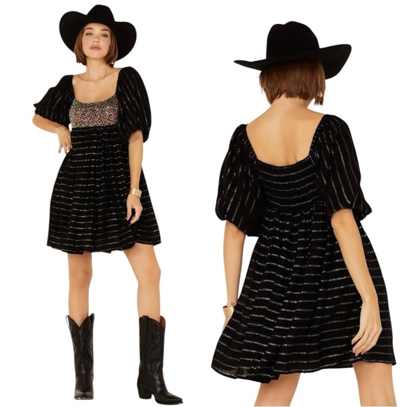 By Together Black Metallic Sequins Balloon Sleeved Smocked Mini Dress 0130 - Picture 1 of 11